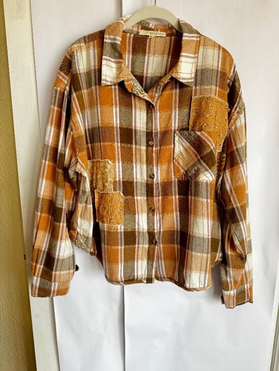 Rewind Tops - Junior's / Women's Rewind Cropped Patchwork Flannel Button Front Shirt XL